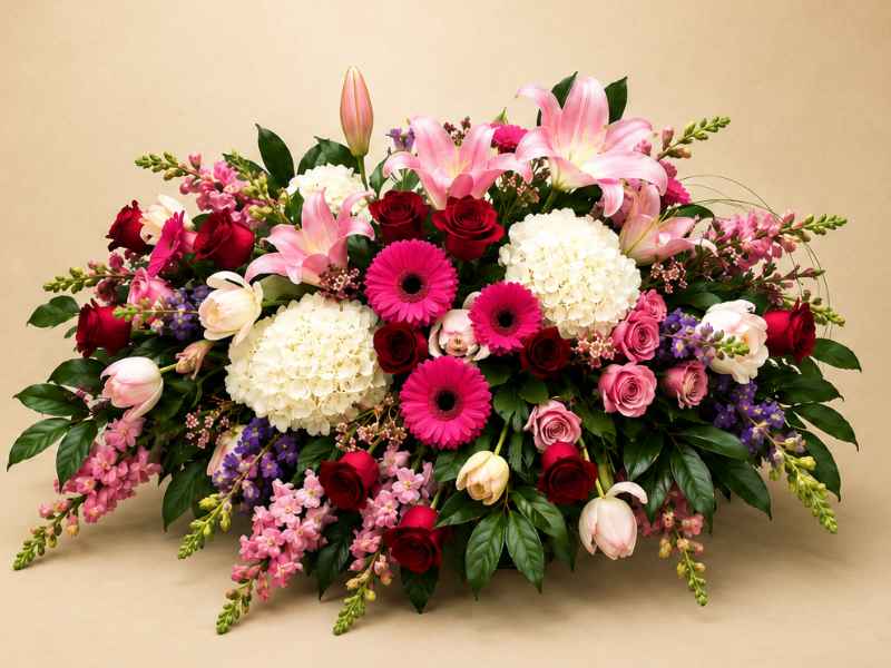 Sympathy fresh flowers in large bouquet with reds, pinks, and white.
